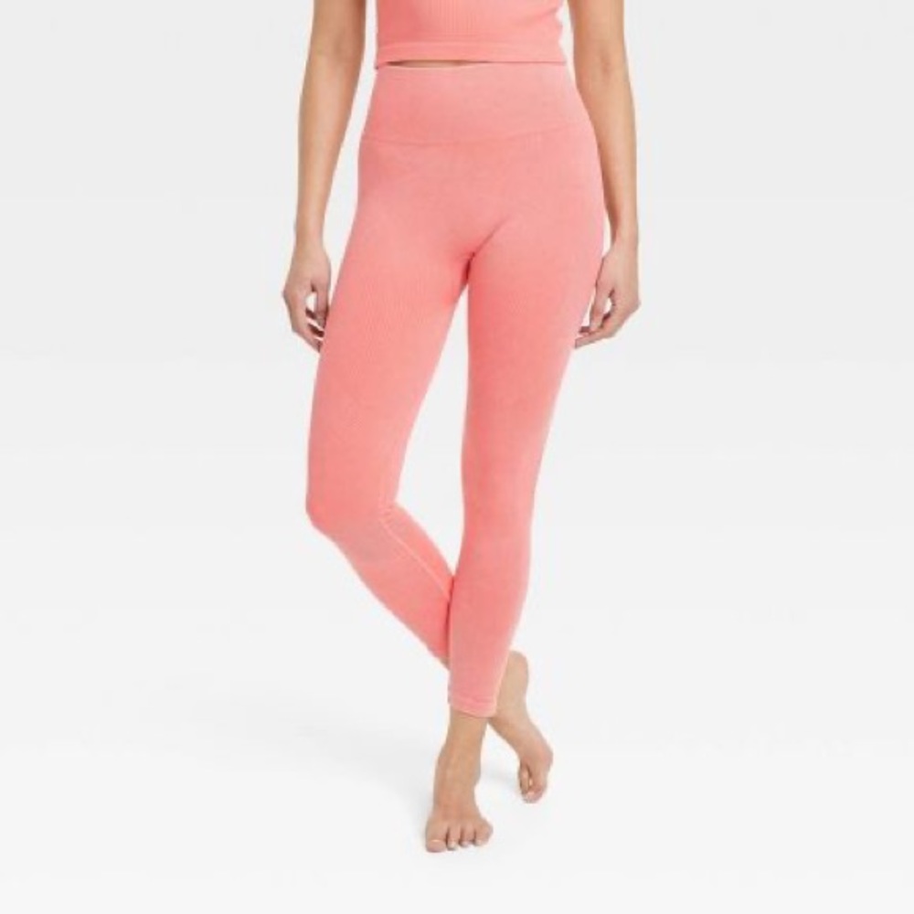 JoyLab High-Rise Ribbed Coral Pink Leggings | XS